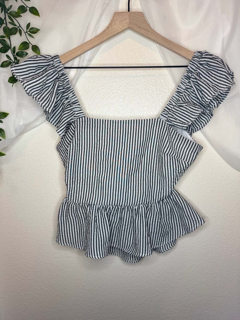 Lily Star Striped Ruffle Sleeve Tie Open Back Peplum Top